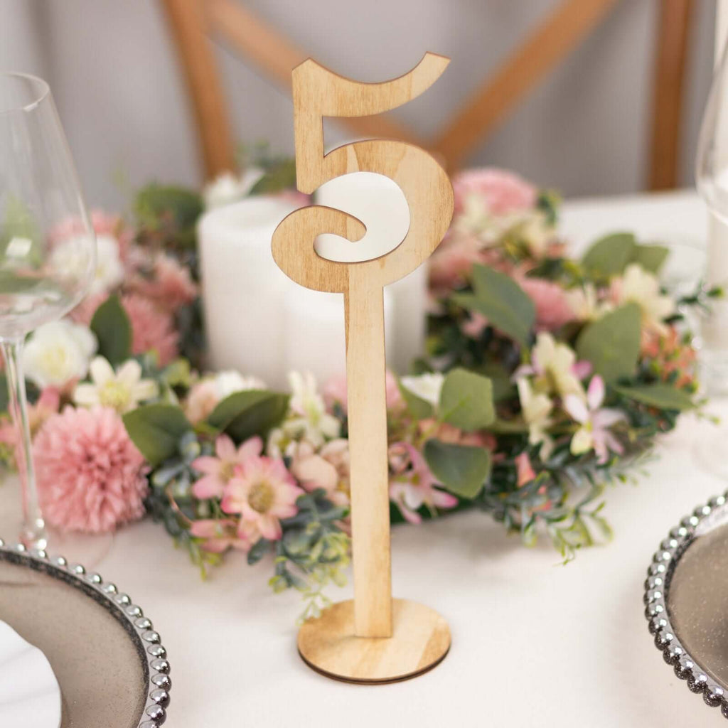 Set of 20 Wooden Wedding Table Numbers Natural 1 - 20 with Round Holder Base - Rustic Table Signs for Receptions 11" Tall - Bell Racket Store