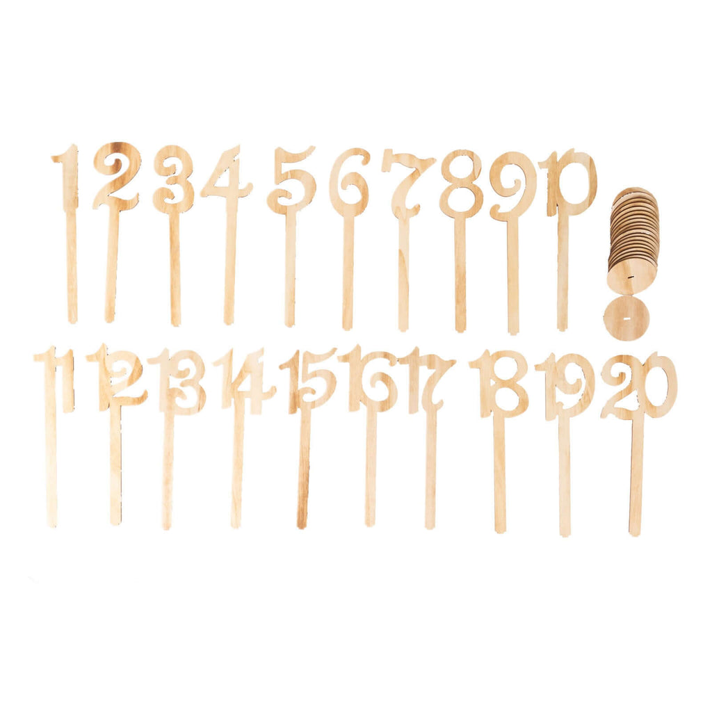 Set of 20 Wooden Wedding Table Numbers Natural 1 - 20 with Round Holder Base - Rustic Table Signs for Receptions 11" Tall - Bell Racket Store
