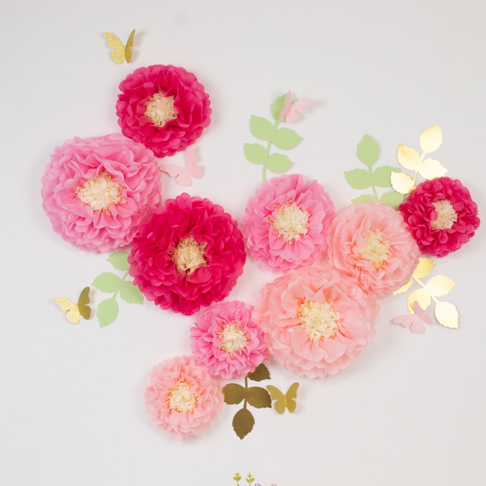 Set of 21 Tissue Paper Flowers Pom Poms Decor Kit â€“ Blush Pink 3D Chrysanth Floral Wall Decor with Butterflies & Olive Leaves - 8",10",12" - Bell Racket Store
