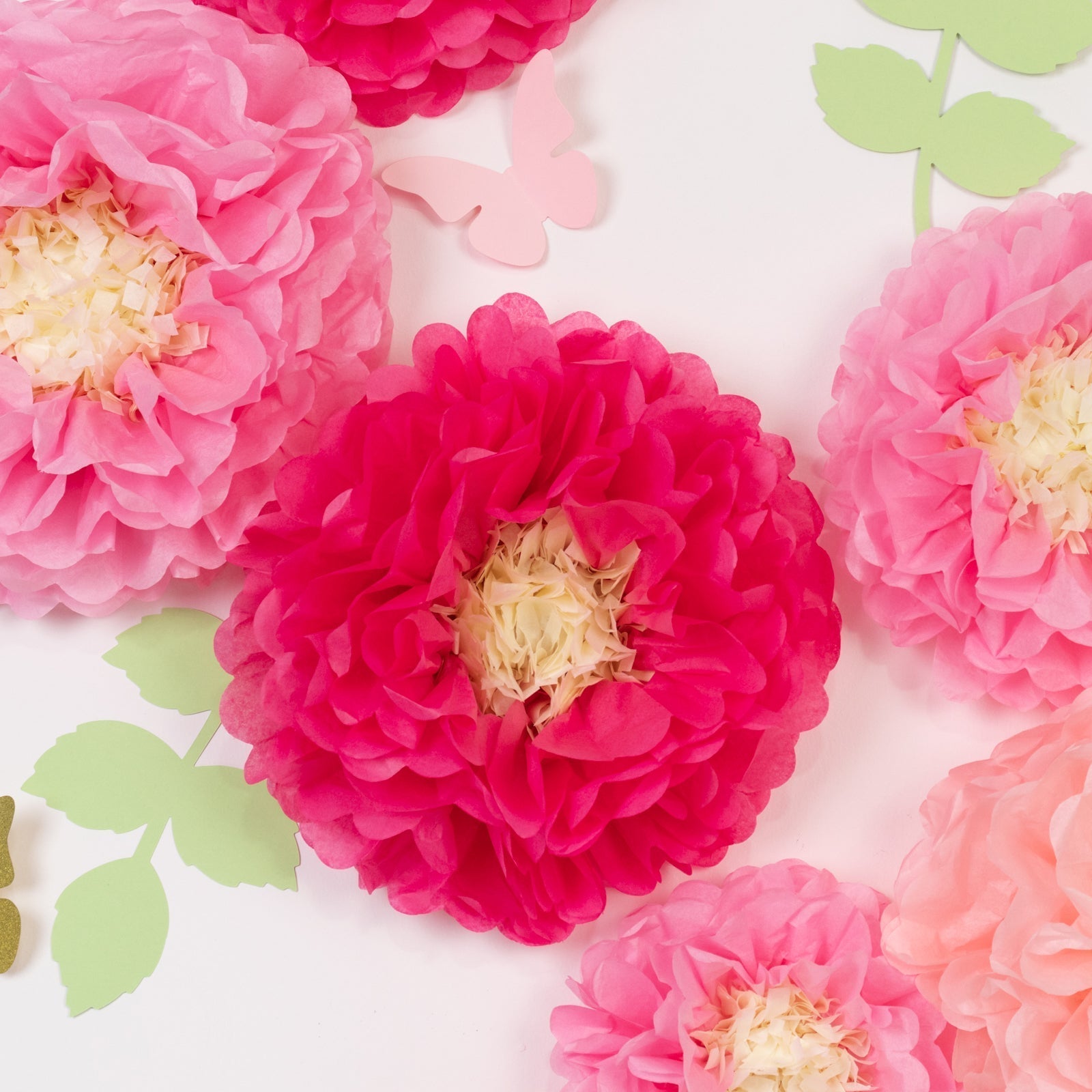 Set of 21 Tissue Paper Flowers Pom Poms Decor Kit â€“ Blush Pink 3D Chrysanth Floral Wall Decor with Butterflies & Olive Leaves - 8",10",12" - Bell Racket Store