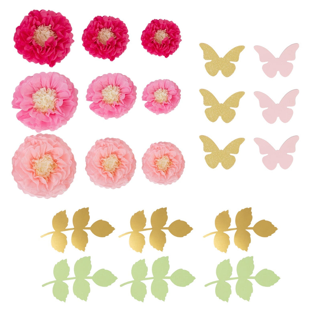 Set of 21 Tissue Paper Flowers Pom Poms Decor Kit â€“ Blush Pink 3D Chrysanth Floral Wall Decor with Butterflies & Olive Leaves - 8",10",12" - Bell Racket Store