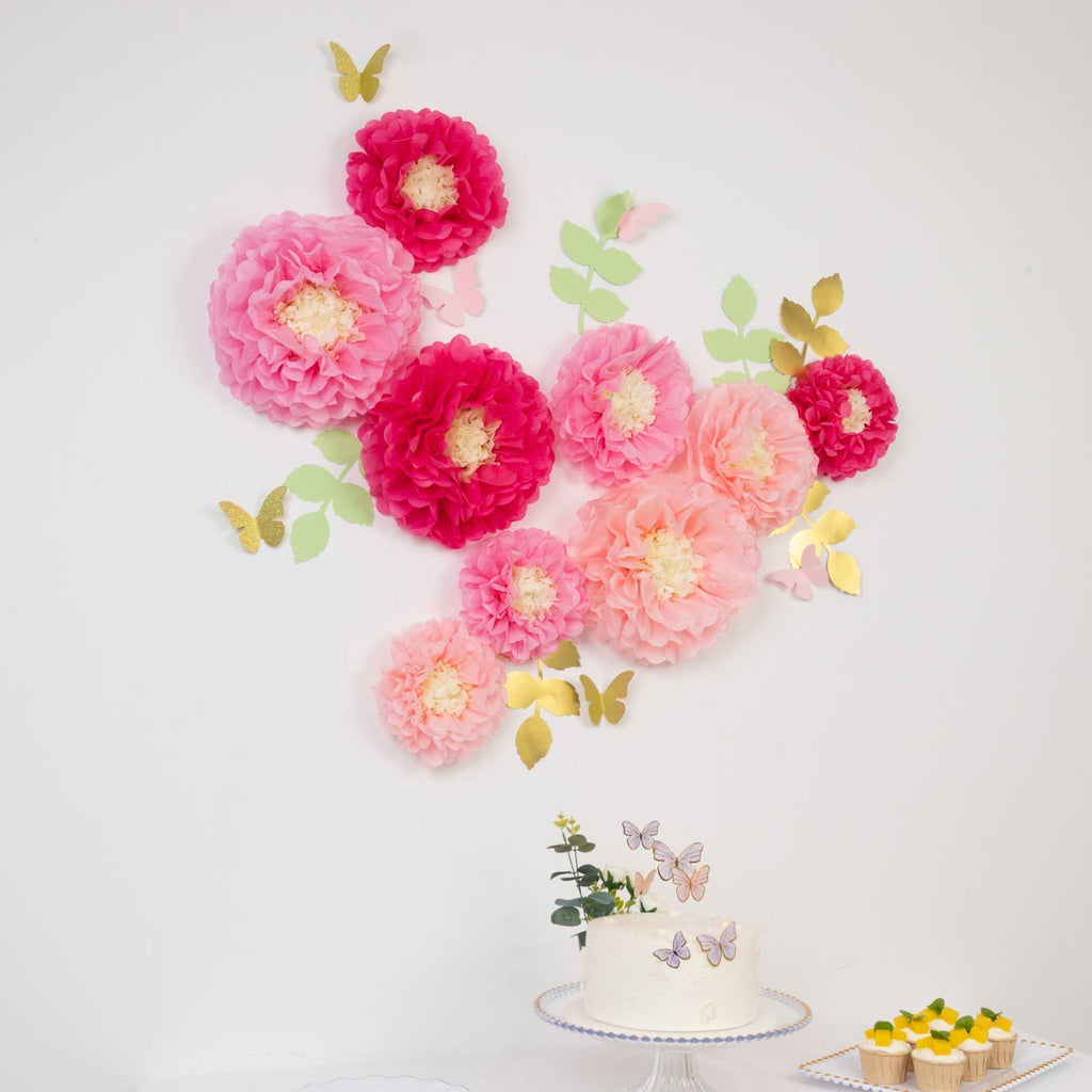 Set of 21 Tissue Paper Flowers Pom Poms Decor Kit â€“ Blush Pink 3D Chrysanth Floral Wall Decor with Butterflies & Olive Leaves - 8",10",12" - Bell Racket Store