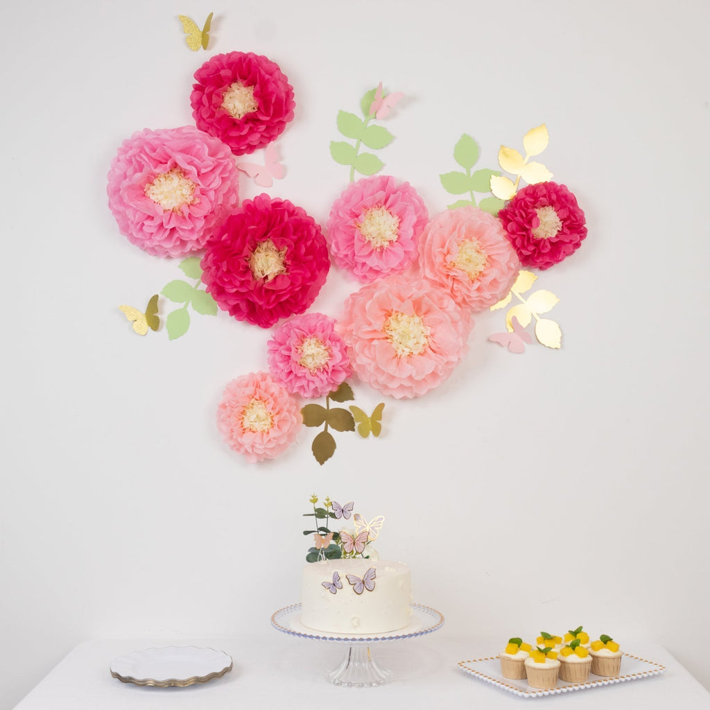 Set of 21 Tissue Paper Flowers Pom Poms Decor Kit â€“ Blush Pink 3D Chrysanth Floral Wall Decor with Butterflies & Olive Leaves - 8",10",12" - Bell Racket Store