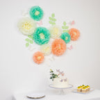 Set of 21 Tissue Paper Flowers Pom Poms Decor Kit â€“ Cream Peach 3D Chrysanth Floral Wall Decor with Butterflies & Olive Leaves - 8",10",12" - Bell Racket Store