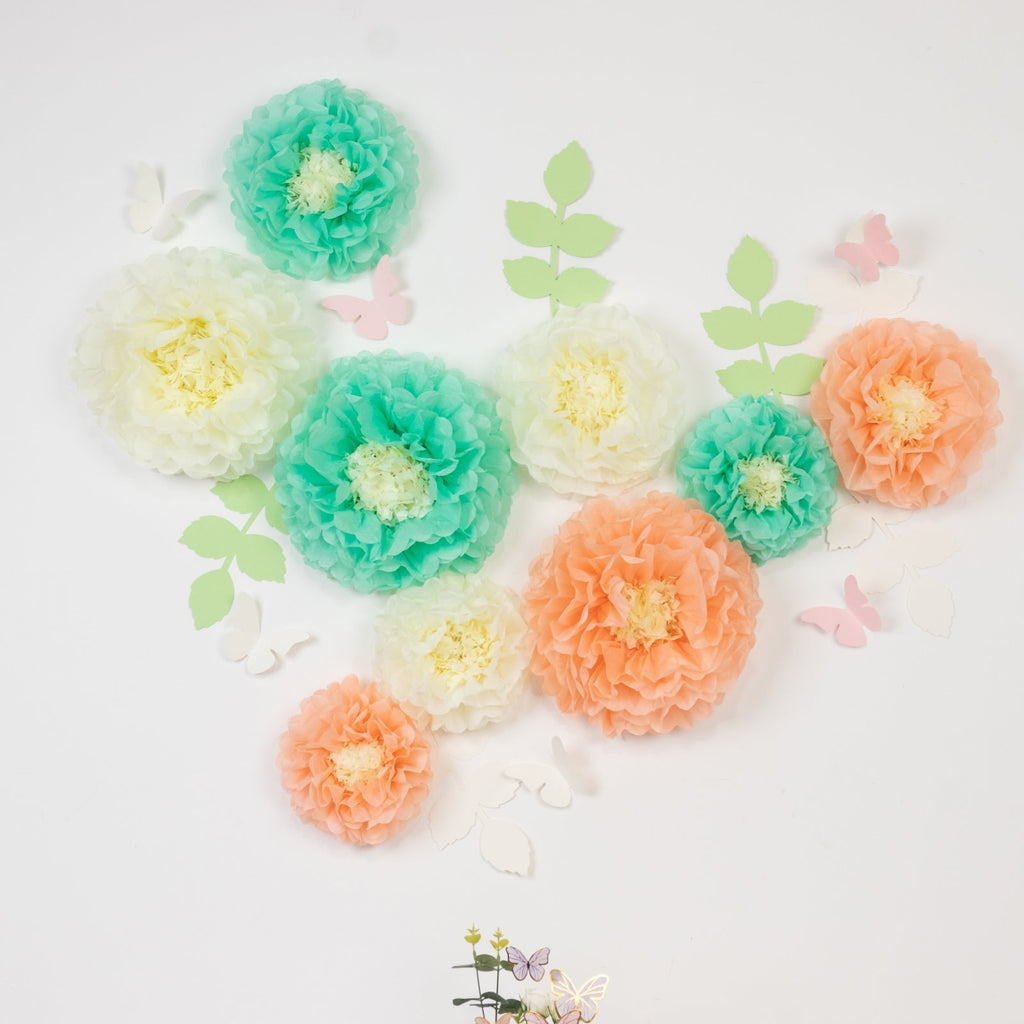 Set of 21 Tissue Paper Flowers Pom Poms Decor Kit â€“ Cream Peach 3D Chrysanth Floral Wall Decor with Butterflies & Olive Leaves - 8",10",12" - Bell Racket Store