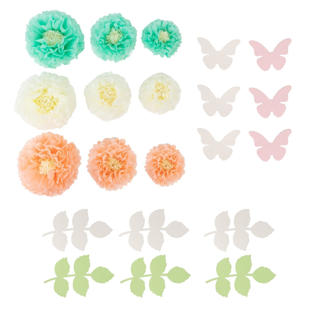 Set of 21 Tissue Paper Flowers Pom Poms Decor Kit â€“ Cream Peach 3D Chrysanth Floral Wall Decor with Butterflies & Olive Leaves - 8",10",12" - Bell Racket Store