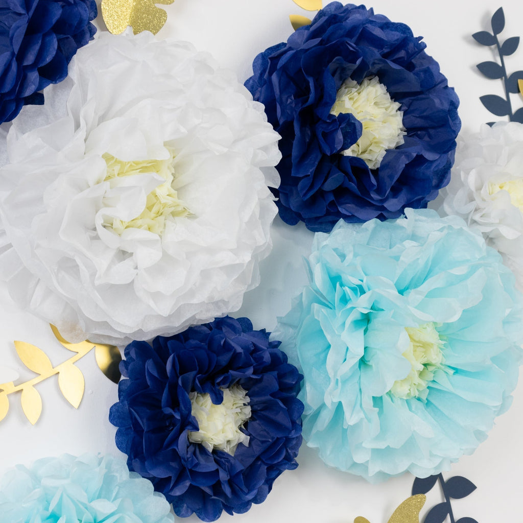 Set of 21 Tissue Paper Flowers Pom Poms Decor Kit â€“ White Blue 3D Chrysanth Floral Wall Decor with Butterflies & Olive Leaves - 8",10",12" - Bell Racket Store