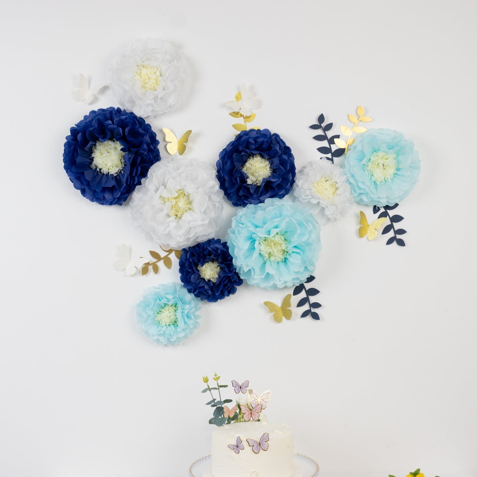Set of 21 Tissue Paper Flowers Pom Poms Decor Kit â€“ White Blue 3D Chrysanth Floral Wall Decor with Butterflies & Olive Leaves - 8",10",12" - Bell Racket Store