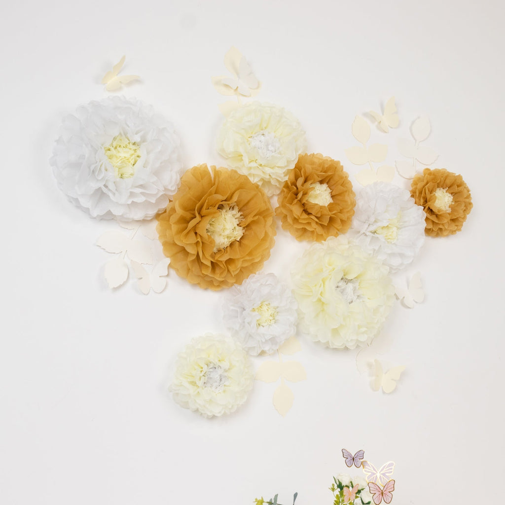 Set of 21 Tissue Paper Flowers Pom Poms Decor Kit â€“ White Ivory 3D Chrysanth Floral Wall Decor with Butterflies & Olive Leaves - 8",10",12" - Bell Racket Store