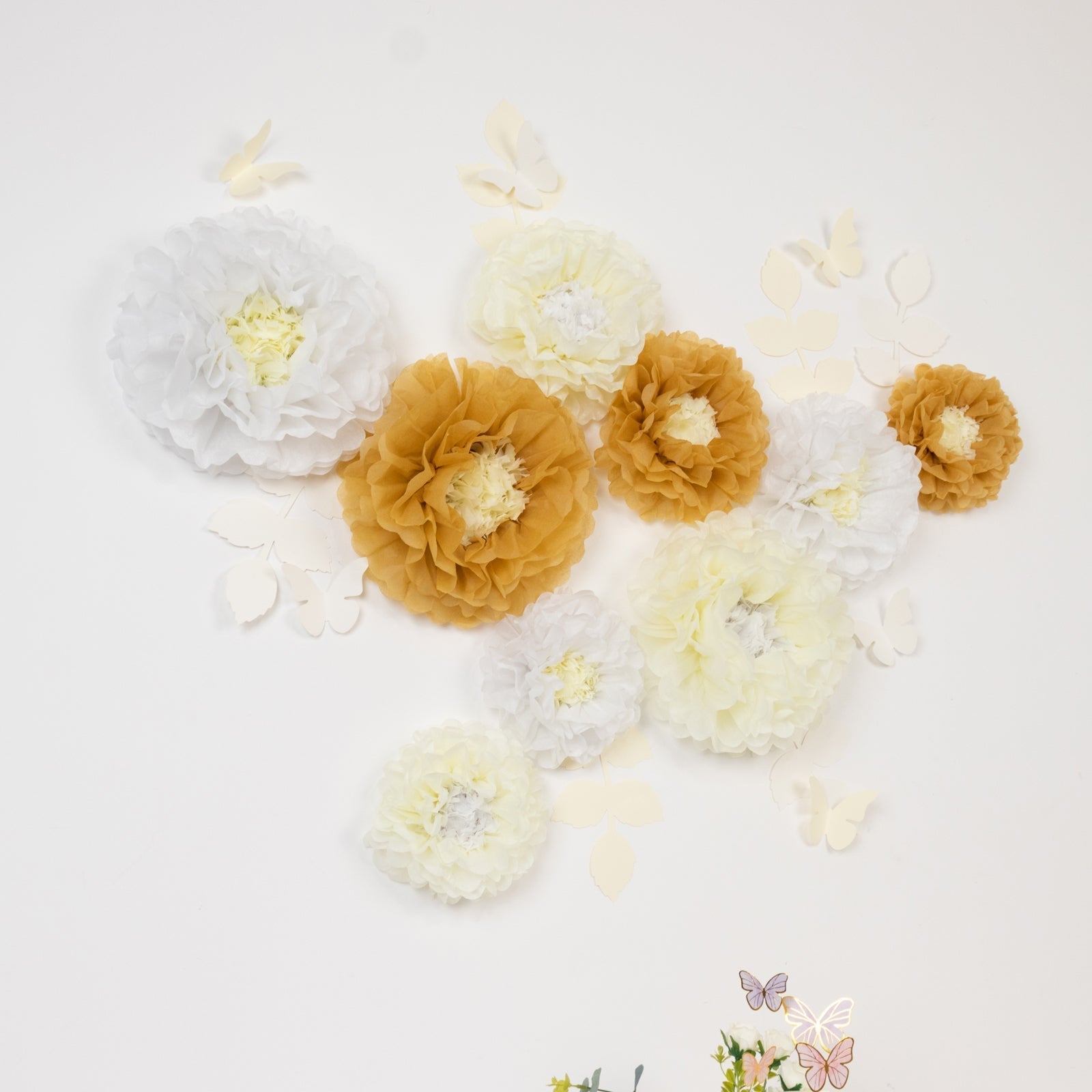 Set of 21 Tissue Paper Flowers Pom Poms Decor Kit â€“ White Ivory 3D Chrysanth Floral Wall Decor with Butterflies & Olive Leaves - 8",10",12" - Bell Racket Store