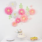 Set of 21 Tissue Paper Flowers Pom Poms Decor Kit â€“ White Pink 3D Chrysanth Floral Wall Decor with Butterflies & Olive Leaves - 8",10",12" - Bell Racket Store