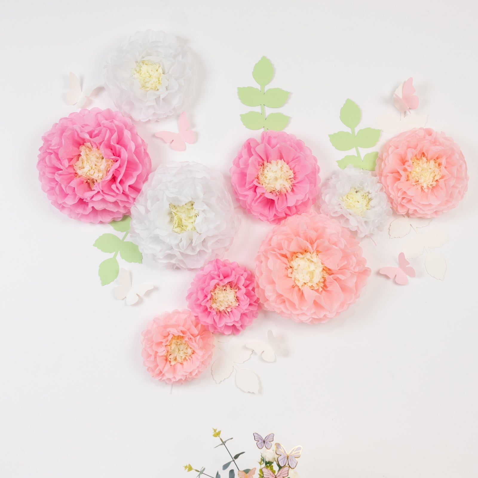 Set of 21 Tissue Paper Flowers Pom Poms Decor Kit â€“ White Pink 3D Chrysanth Floral Wall Decor with Butterflies & Olive Leaves - 8",10",12" - Bell Racket Store