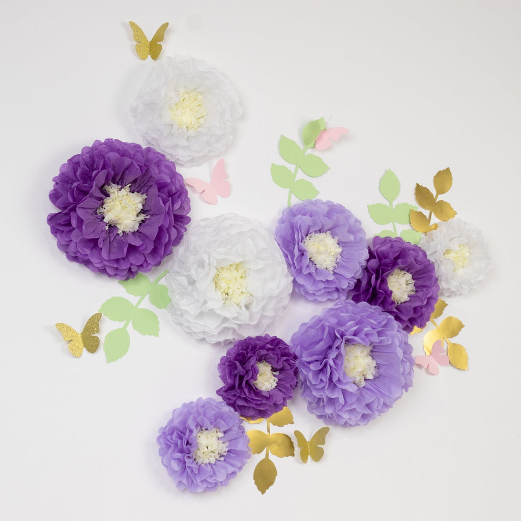 Set of 21 Tissue Paper Flowers Pom Poms Decor Kit â€“ White Purple 3D Chrysanth Floral Wall Decor with Butterflies & Olive Leaves - 8",10",12" - Bell Racket Store