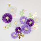 Set of 21 Tissue Paper Flowers Pom Poms Decor Kit â€“ White Purple 3D Chrysanth Floral Wall Decor with Butterflies & Olive Leaves - 8",10",12" - Bell Racket Store