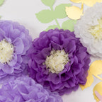 Set of 21 Tissue Paper Flowers Pom Poms Decor Kit â€“ White Purple 3D Chrysanth Floral Wall Decor with Butterflies & Olive Leaves - 8",10",12" - Bell Racket Store