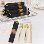 Set of 24 Gold Plastic Silverware with Pre - Rolled Black Paper Napkins - Disposable Wrapped Fork, Spoon, and Knife Set - Bell Racket Store