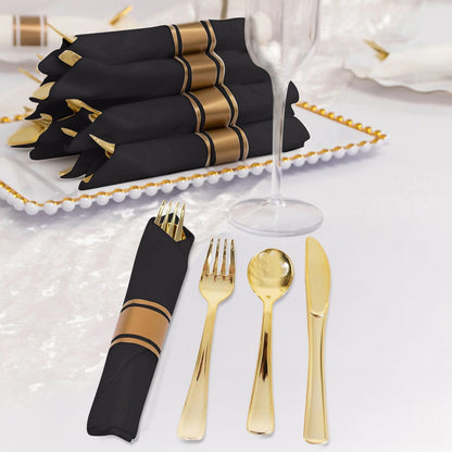 Set of 24 Gold Plastic Silverware with Pre - Rolled Black Paper Napkins - Disposable Wrapped Fork, Spoon, and Knife Set - Bell Racket Store