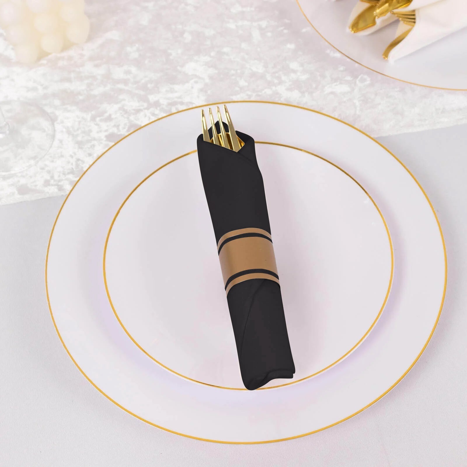 Set of 24 Gold Plastic Silverware with Pre - Rolled Black Paper Napkins - Disposable Wrapped Fork, Spoon, and Knife Set - Bell Racket Store