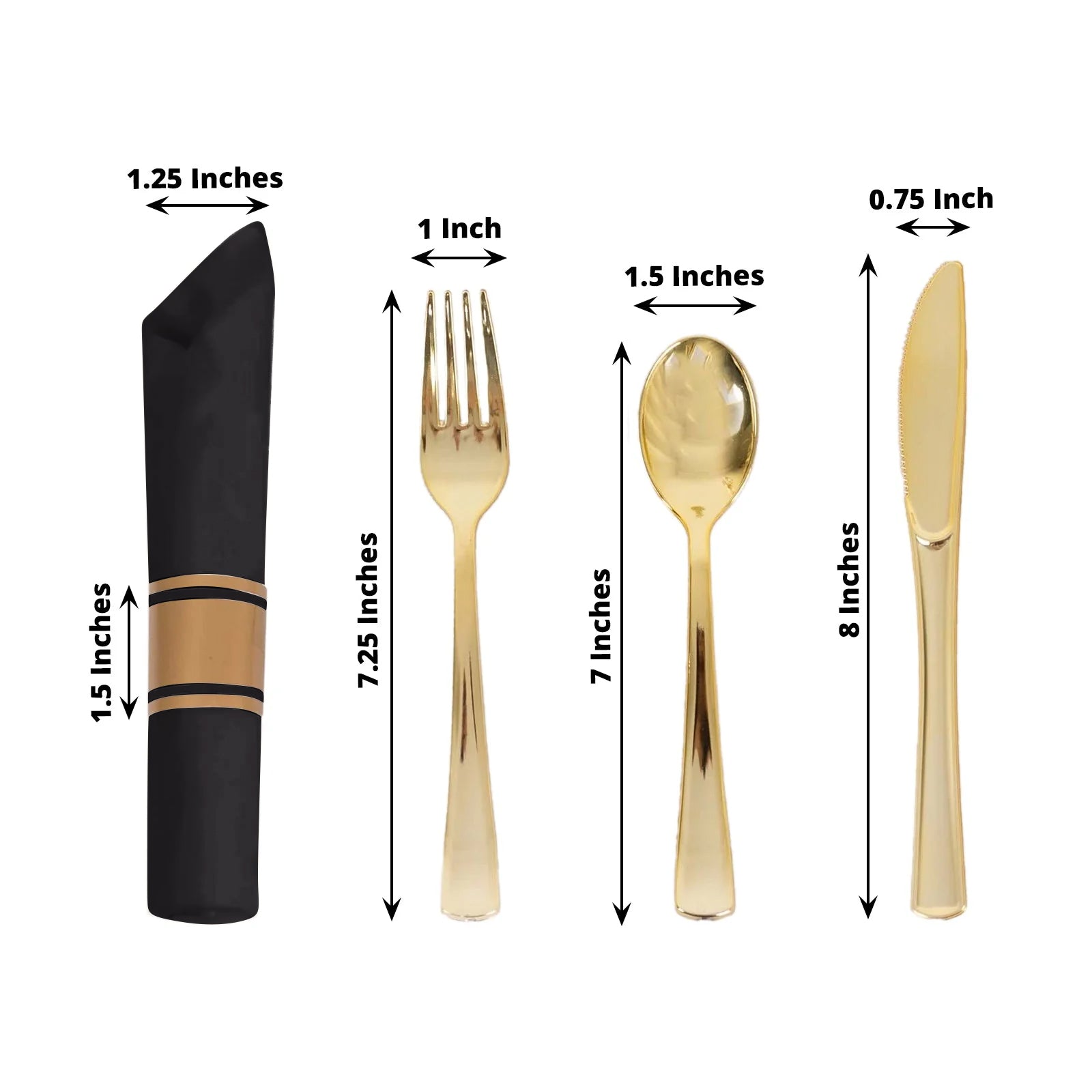Set of 24 Gold Plastic Silverware with Pre - Rolled Black Paper Napkins - Disposable Wrapped Fork, Spoon, and Knife Set - Bell Racket Store