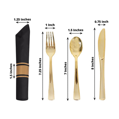 Set of 24 Gold Plastic Silverware with Pre - Rolled Black Paper Napkins - Disposable Wrapped Fork, Spoon, and Knife Set - Bell Racket Store
