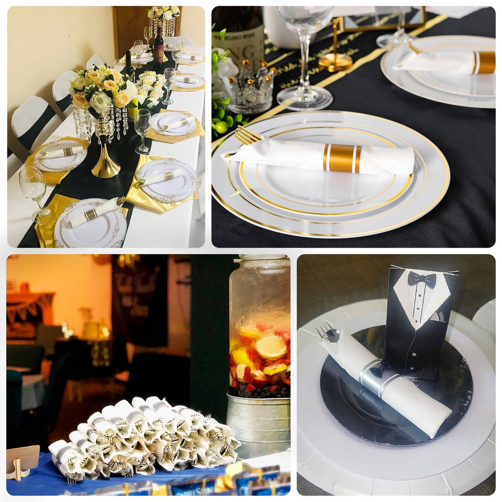 Set of 24 Gold Plastic Silverware with Pre - Rolled White Paper Napkins - Disposable Wrapped Fork, Spoon, and Knife Set - Bell Racket Store