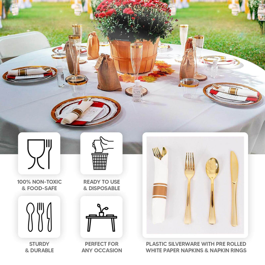 Set of 24 Gold Plastic Silverware with Pre - Rolled White Paper Napkins - Disposable Wrapped Fork, Spoon, and Knife Set - Bell Racket Store