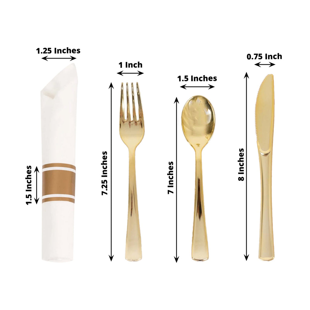 Set of 24 Gold Plastic Silverware with Pre - Rolled White Paper Napkins - Disposable Wrapped Fork, Spoon, and Knife Set - Bell Racket Store