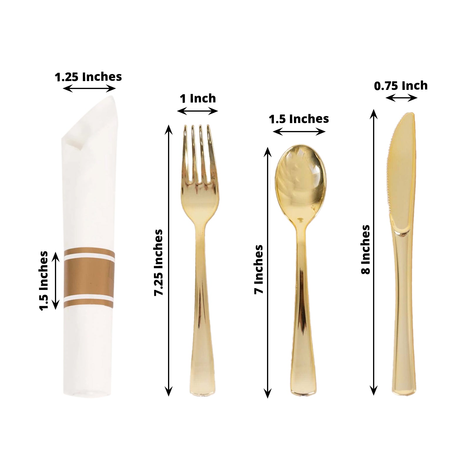 Set of 24 Gold Plastic Silverware with Pre - Rolled White Paper Napkins - Disposable Wrapped Fork, Spoon, and Knife Set - Bell Racket Store