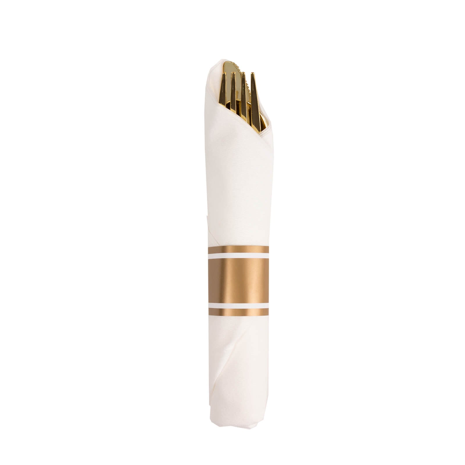 Set of 24 Gold Plastic Silverware with Pre - Rolled White Paper Napkins - Disposable Wrapped Fork, Spoon, and Knife Set - Bell Racket Store