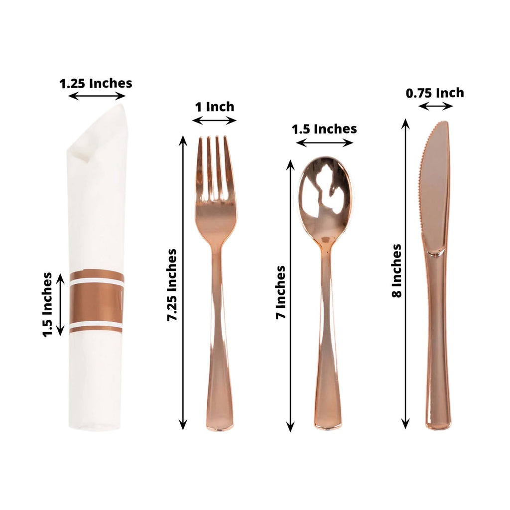 Set of 24 Rose Gold Plastic Silverware with Pre - Rolled White Paper Napkins - Disposable Wrapped Fork, Spoon, and Knife Set - Bell Racket Store