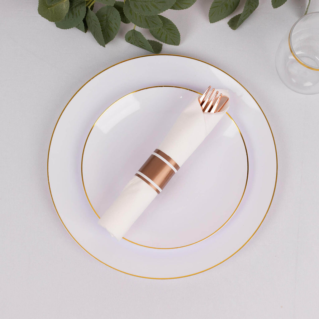 Set of 24 Rose Gold Plastic Silverware with Pre - Rolled White Paper Napkins - Disposable Wrapped Fork, Spoon, and Knife Set - Bell Racket Store