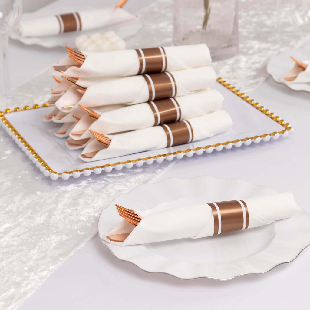 Set of 24 Rose Gold Plastic Silverware with Pre - Rolled White Paper Napkins - Disposable Wrapped Fork, Spoon, and Knife Set - Bell Racket Store