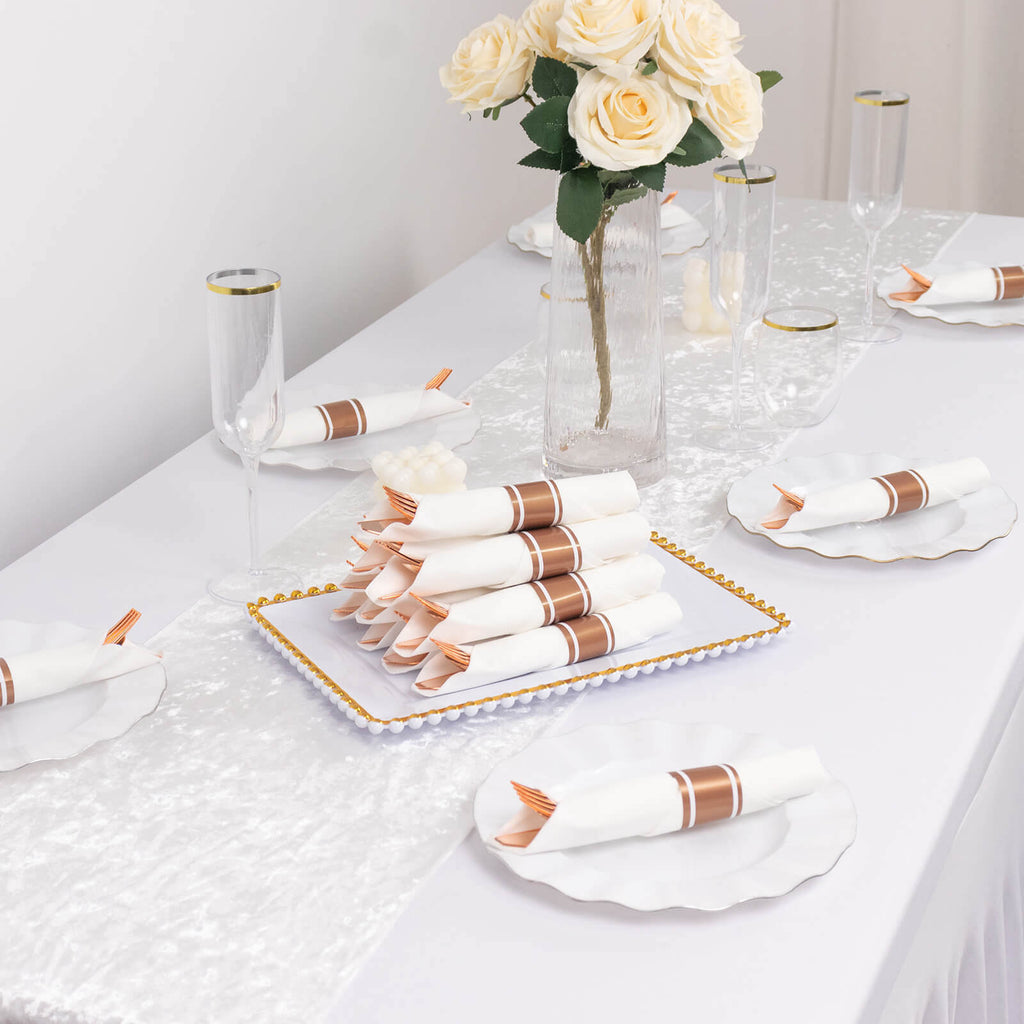 Set of 24 Rose Gold Plastic Silverware with Pre - Rolled White Paper Napkins - Disposable Wrapped Fork, Spoon, and Knife Set - Bell Racket Store