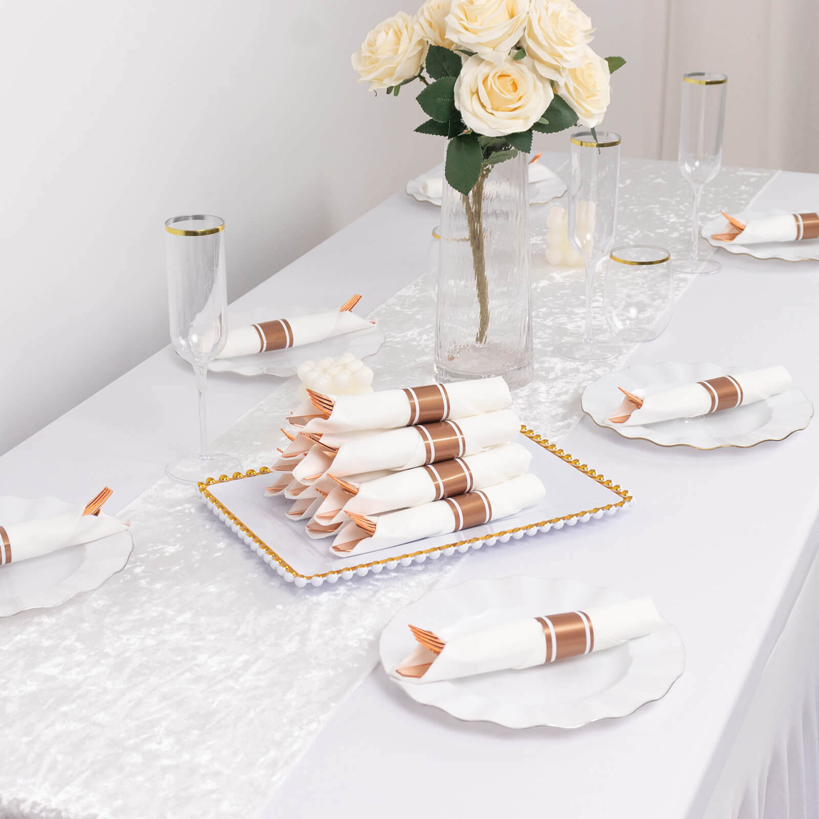 Set of 24 Rose Gold Plastic Silverware with Pre - Rolled White Paper Napkins - Disposable Wrapped Fork, Spoon, and Knife Set - Bell Racket Store