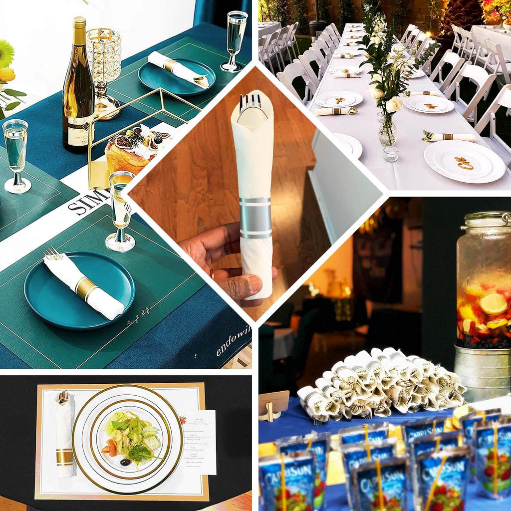 Set of 24 Rose Gold Plastic Silverware with Pre - Rolled White Paper Napkins - Disposable Wrapped Fork, Spoon, and Knife Set - Bell Racket Store