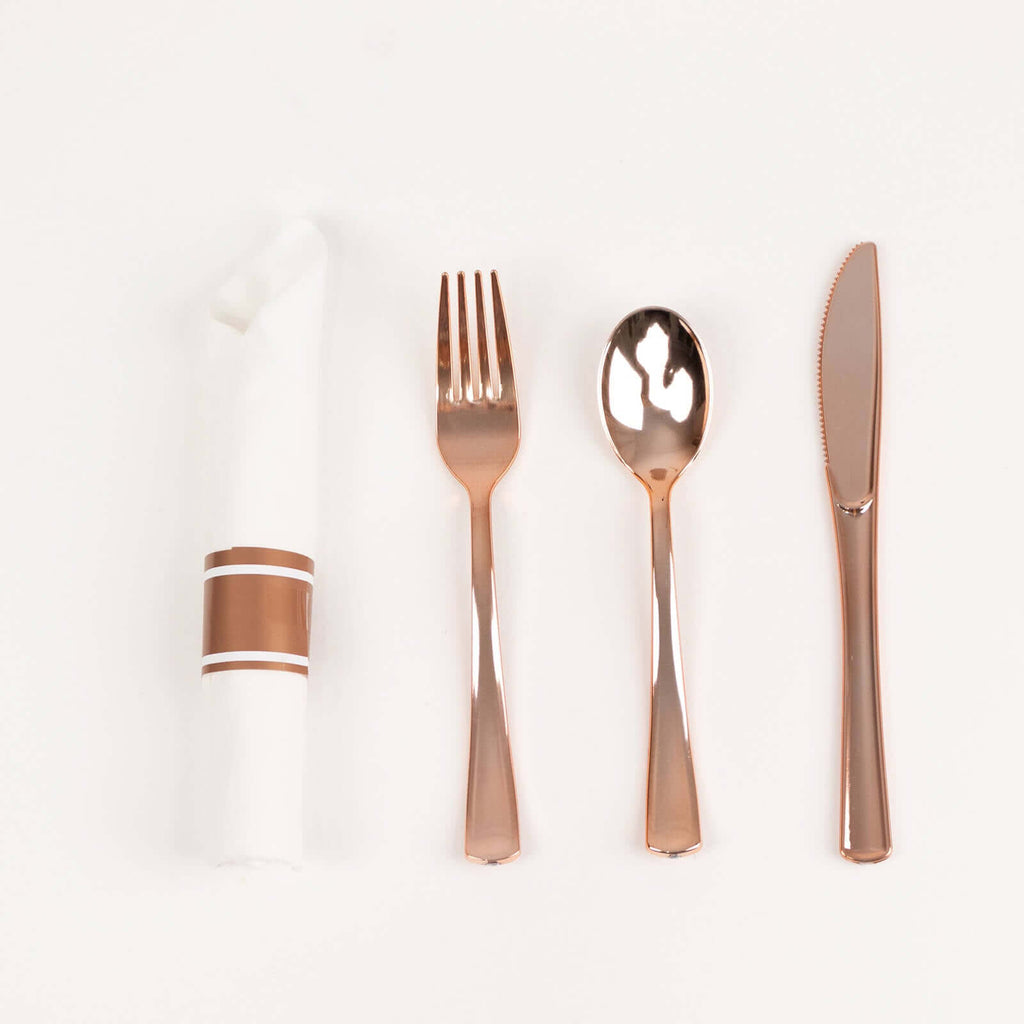 Set of 24 Rose Gold Plastic Silverware with Pre - Rolled White Paper Napkins - Disposable Wrapped Fork, Spoon, and Knife Set - Bell Racket Store