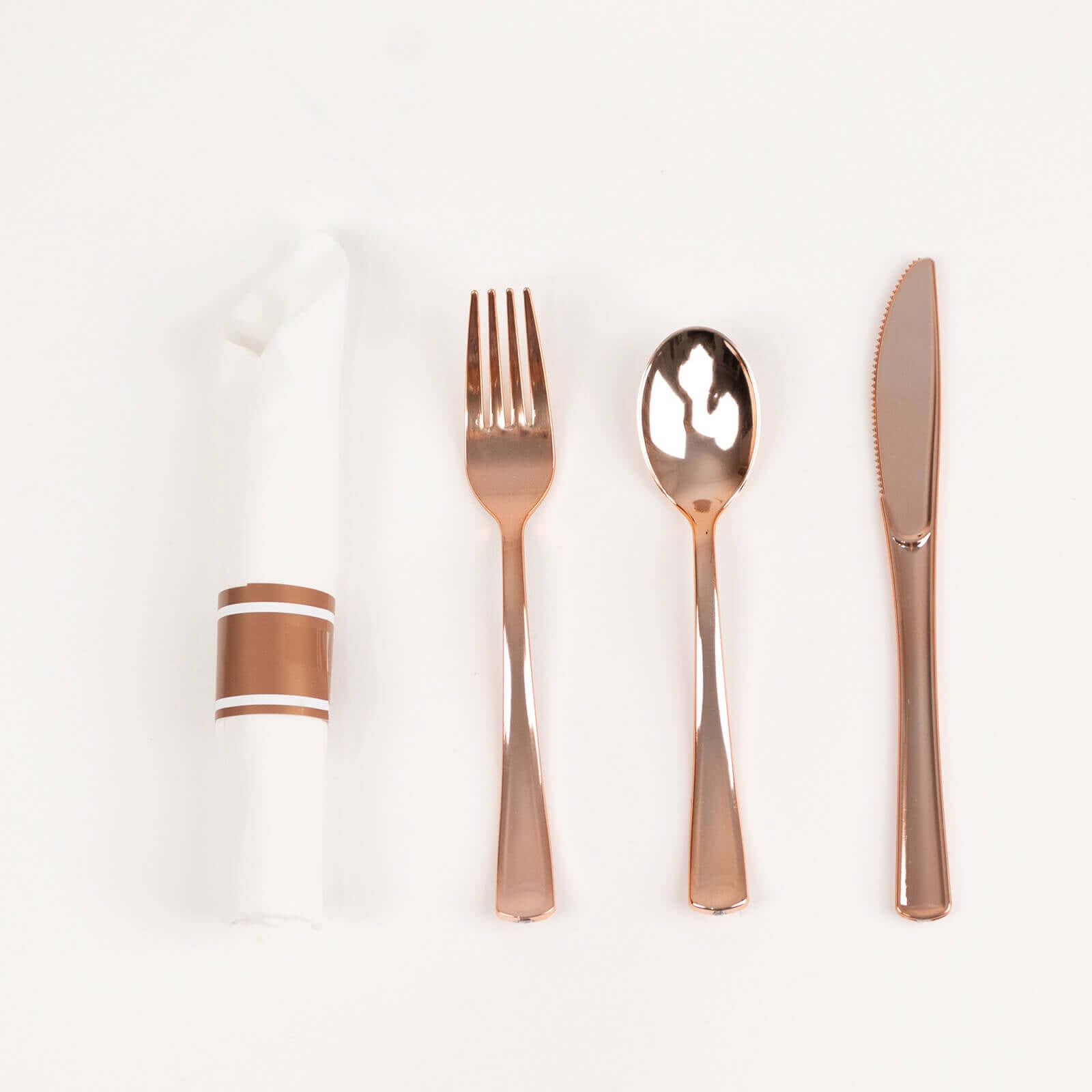 Set of 24 Rose Gold Plastic Silverware with Pre - Rolled White Paper Napkins - Disposable Wrapped Fork, Spoon, and Knife Set - Bell Racket Store