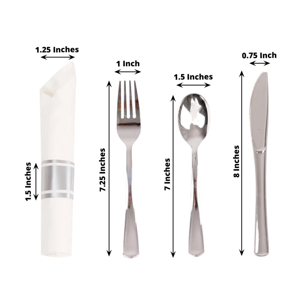 Set of 24 Silver Plastic Silverware with Pre - Rolled White Paper Napkins - Disposable Wrapped Fork, Spoon, and Knife Set - Bell Racket Store