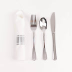 Set of 24 Silver Plastic Silverware with Pre - Rolled White Paper Napkins - Disposable Wrapped Fork, Spoon, and Knife Set - Bell Racket Store