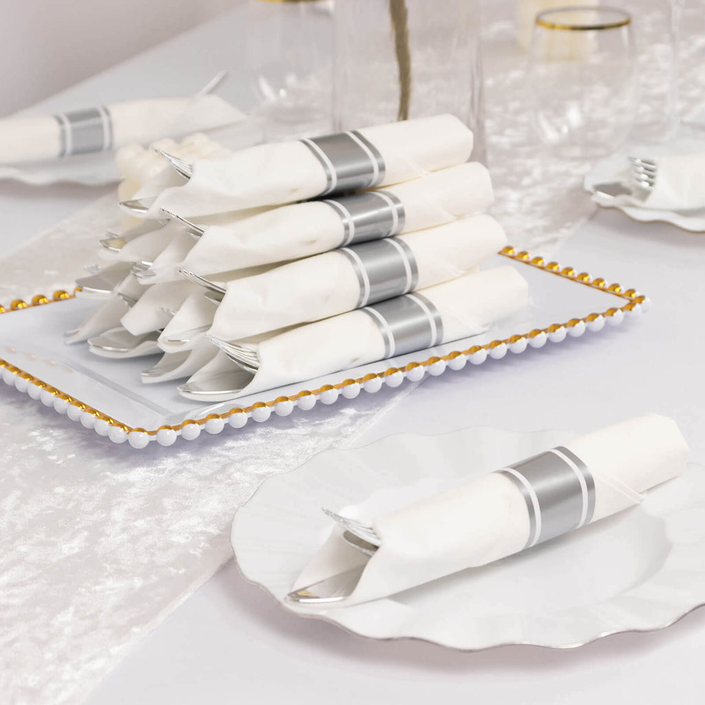 Set of 24 Silver Plastic Silverware with Pre - Rolled White Paper Napkins - Disposable Wrapped Fork, Spoon, and Knife Set - Bell Racket Store
