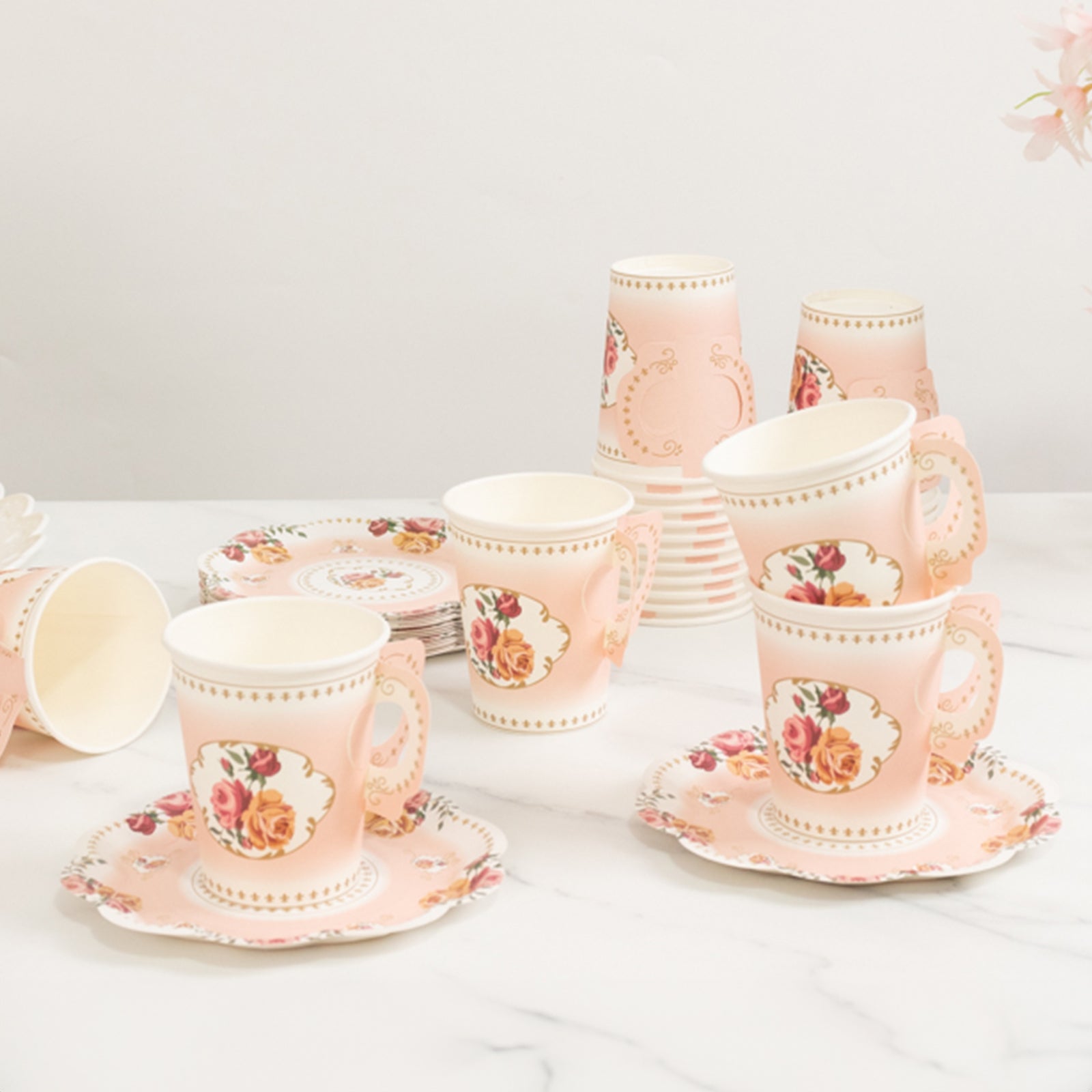 Set of 25 Paper Cups and Saucers in Dusty Rose with Rose Floral Print - Vintage Inspired Disposable Tea Party Decorations - Bell Racket Store