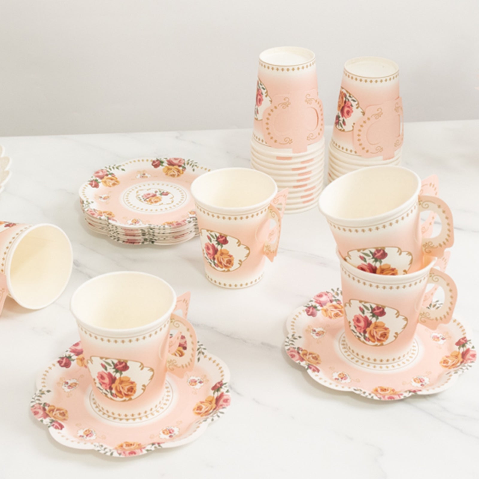 Set of 25 Paper Cups and Saucers in Dusty Rose with Rose Floral Print - Vintage Inspired Disposable Tea Party Decorations - Bell Racket Store
