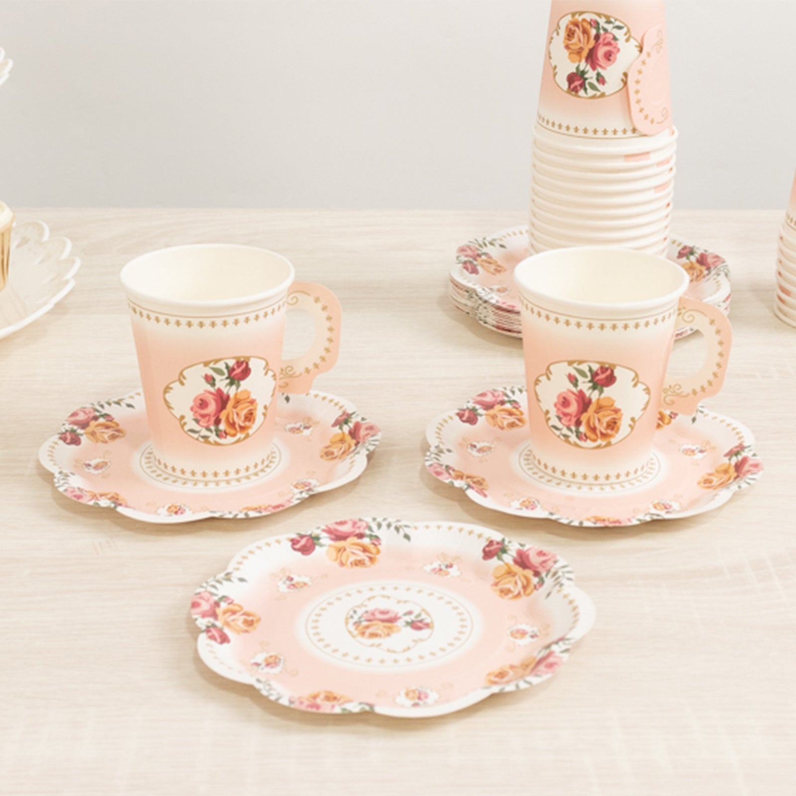Set of 25 Paper Cups and Saucers in Dusty Rose with Rose Floral Print - Vintage Inspired Disposable Tea Party Decorations - Bell Racket Store