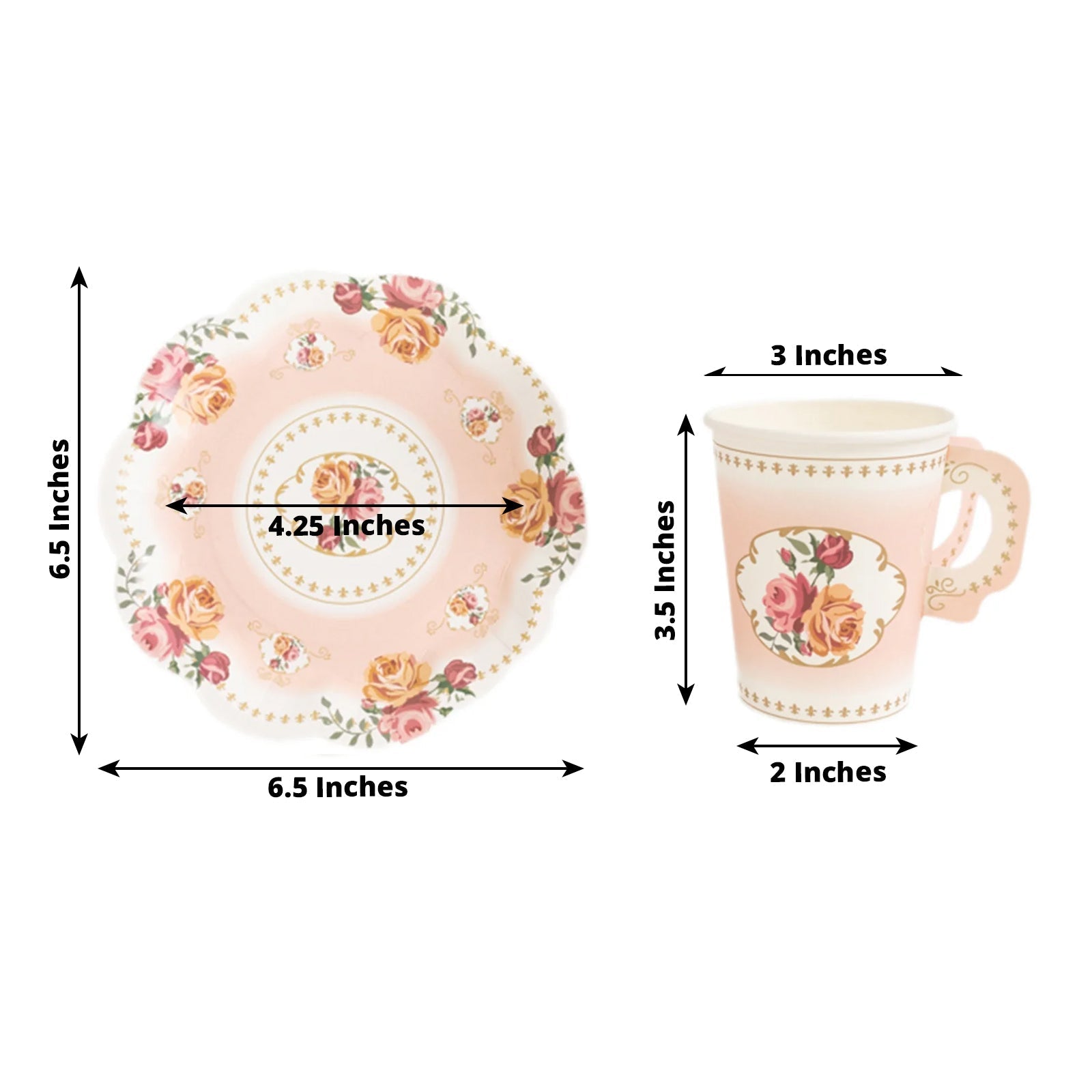 Set of 25 Paper Cups and Saucers in Dusty Rose with Rose Floral Print - Vintage Inspired Disposable Tea Party Decorations - Bell Racket Store