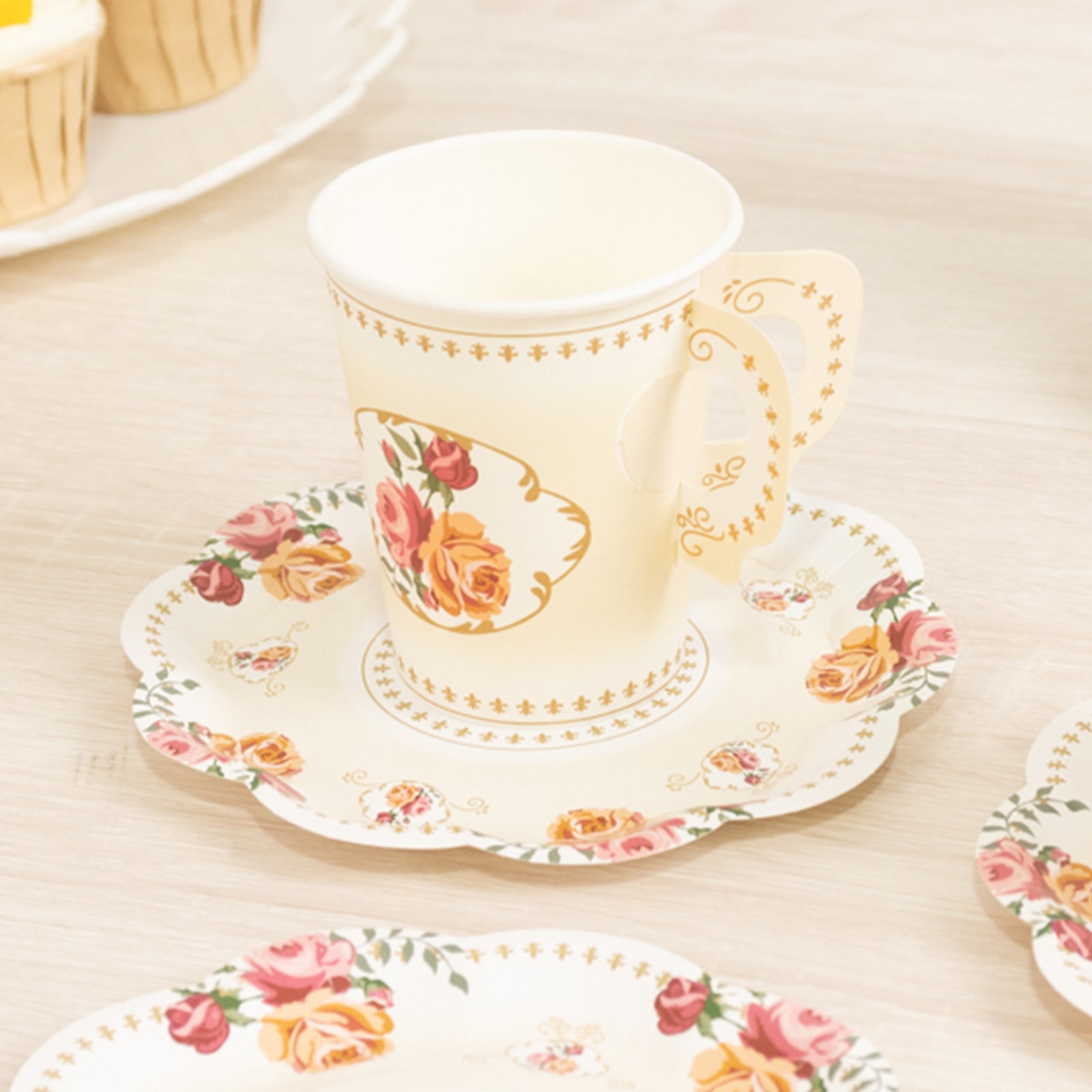 Set of 25 Paper Cups and Saucers in Ivory with Rose Floral Print for Birthdays & Floral Themed Events - Bell Racket Store