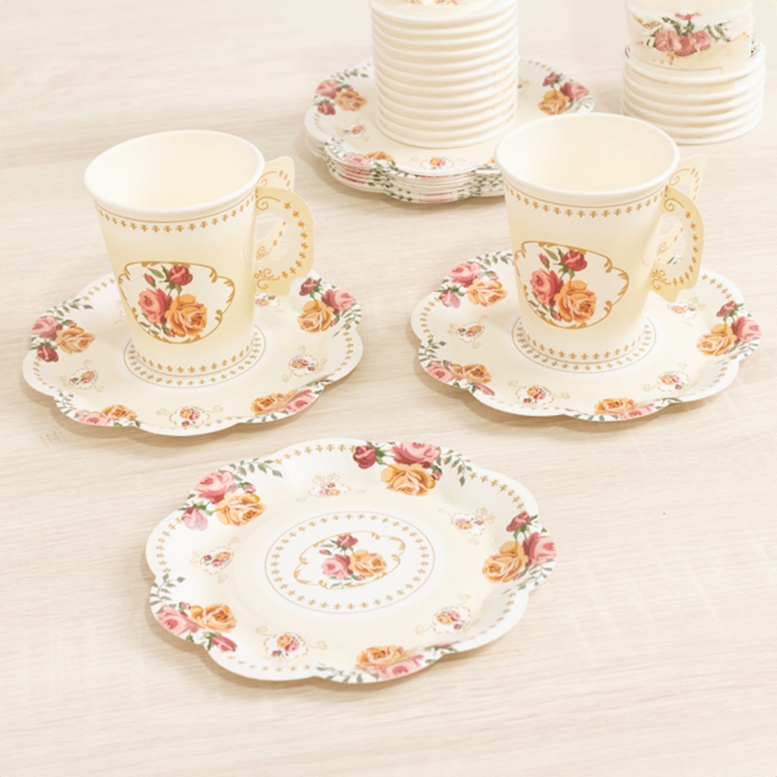 Set of 25 Paper Cups and Saucers in Ivory with Rose Floral Print for Birthdays & Floral Themed Events - Bell Racket Store