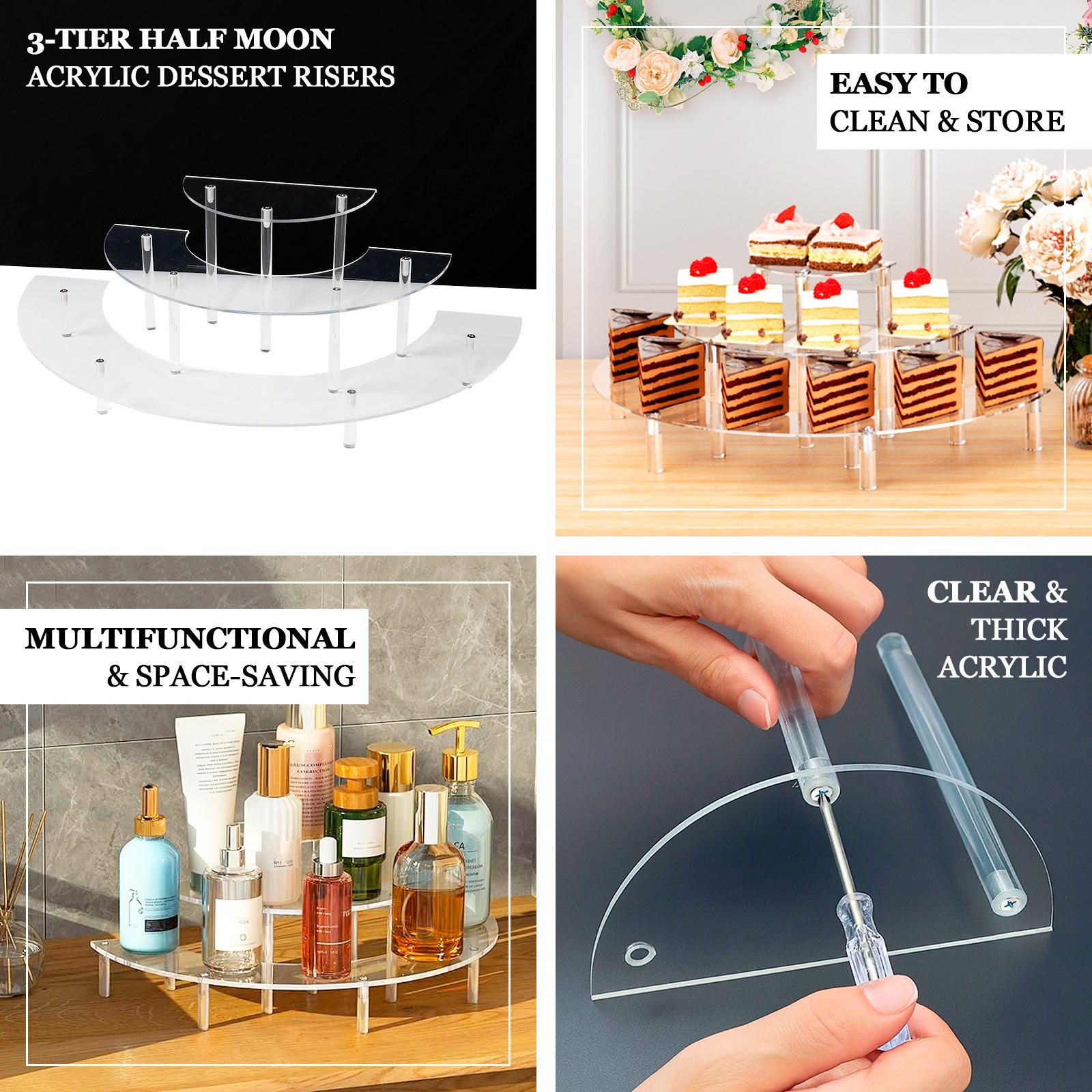 Set of 3 Acrylic Half - Moon Display Riser Stands â€“ 3 - Tier Clear Dessert Pedestal for Cakes, Collectibles & Figurines - 7",13",18" - Bell Racket Store