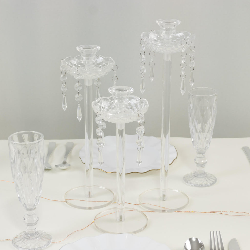Set of 3 Acrylic Taper Candle Holders with Hanging Bead & Prism Accents â€“ Elegant Candlestick Stands - 11",13",15" - Bell Racket Store