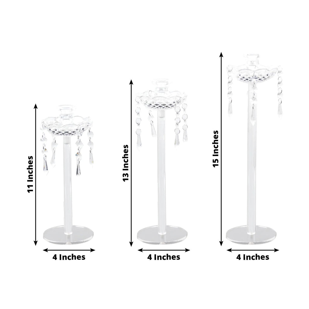 Set of 3 Acrylic Taper Candle Holders with Hanging Bead & Prism Accents â€“ Elegant Candlestick Stands - 11",13",15" - Bell Racket Store