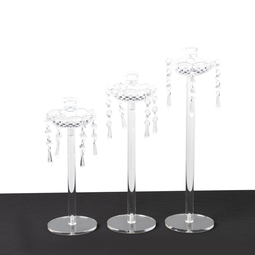Set of 3 Acrylic Taper Candle Holders with Hanging Bead & Prism Accents â€“ Elegant Candlestick Stands - 11",13",15" - Bell Racket Store